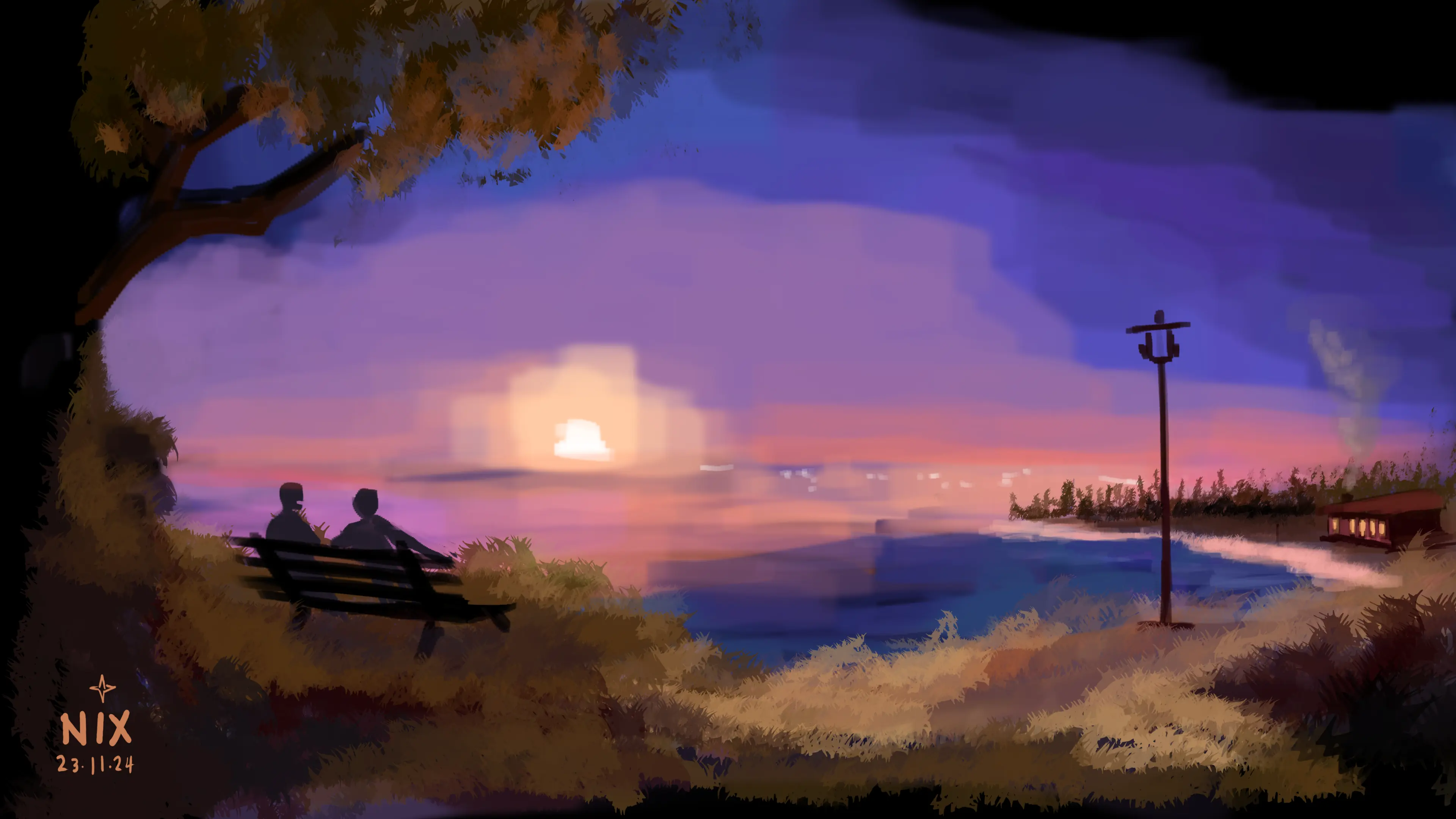 A seaside park in the evening, friends reminisce on a bench as the sun sets.